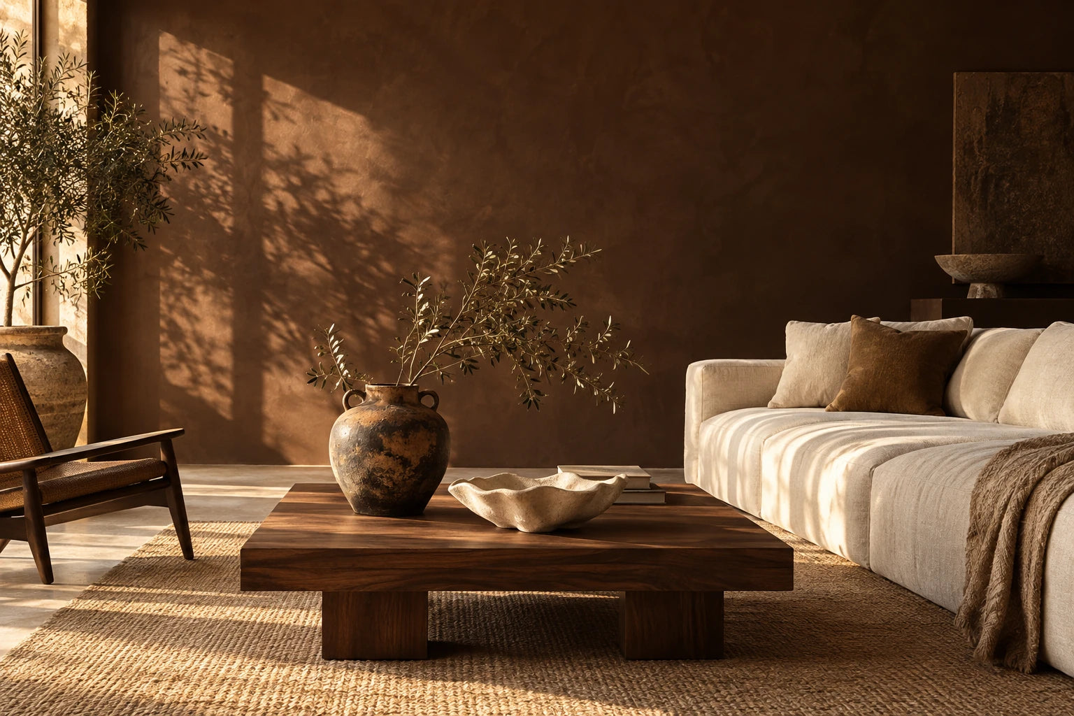 Warm mediterraan interieur met walnoot, keramiek en linnen
